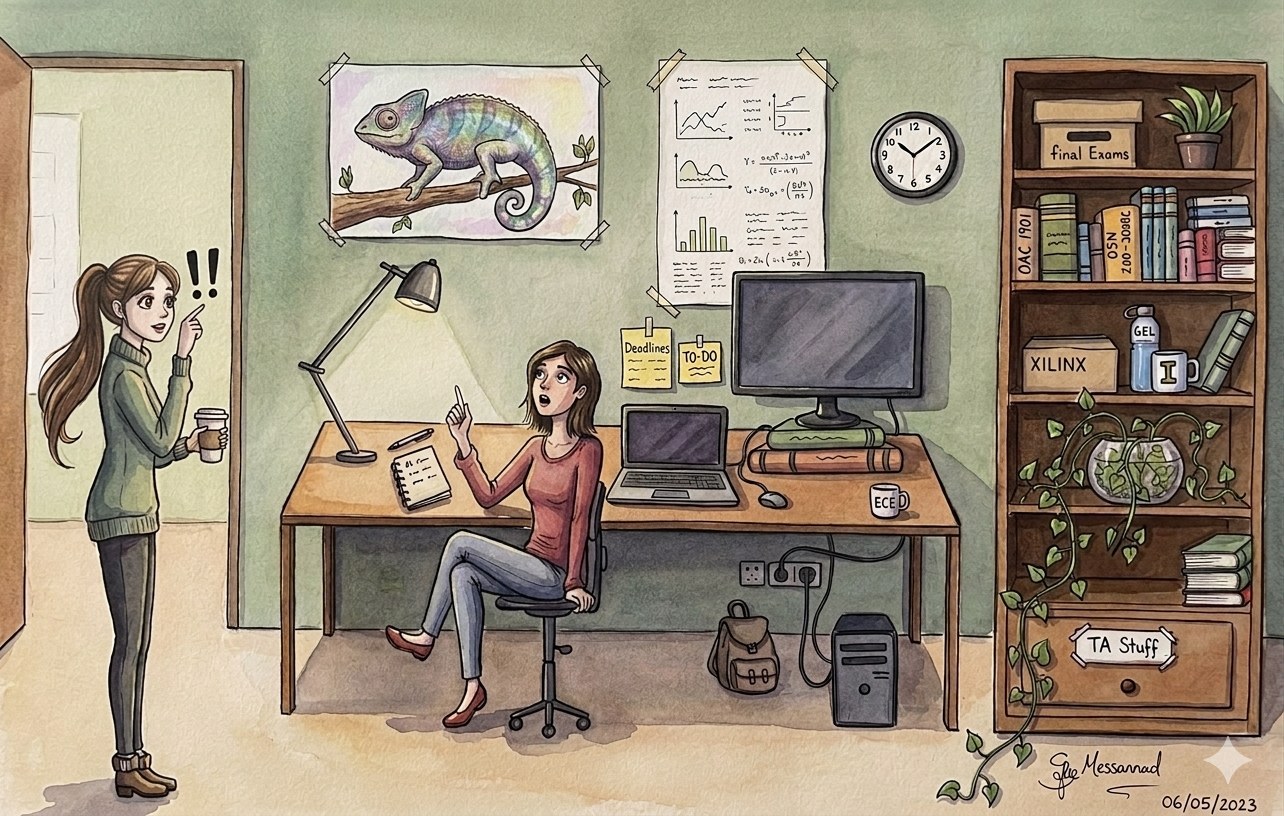 Coloured illustration of a PhD workspace scene — student at a desk, labmate hanging a chameleon poster.