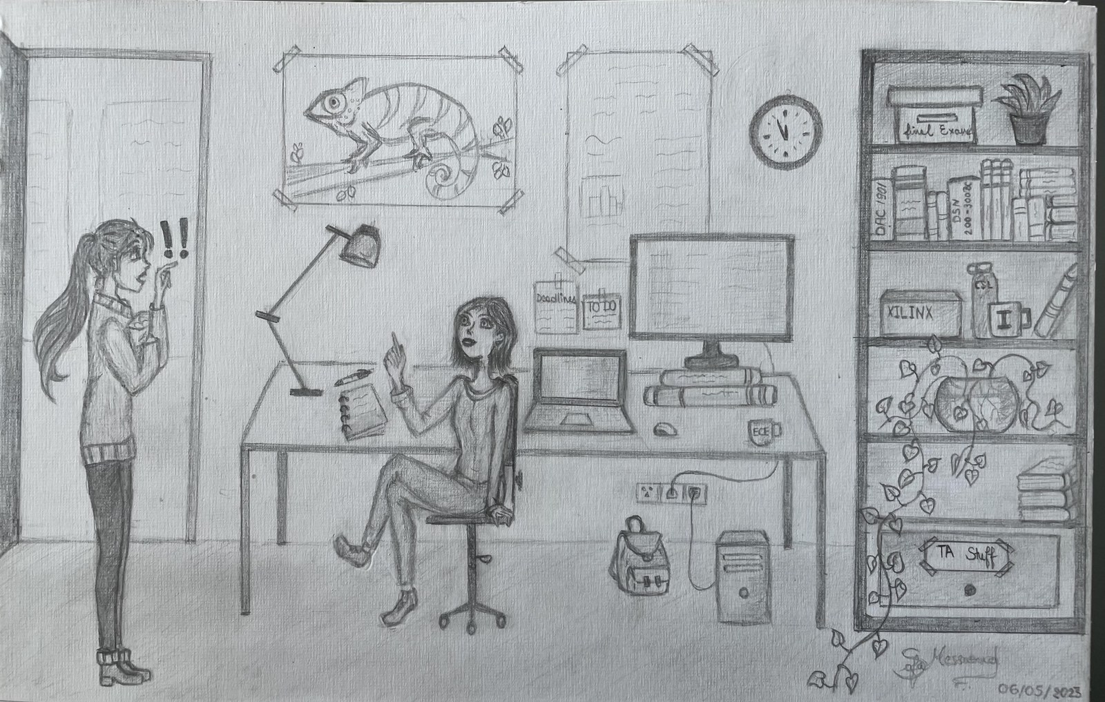 Original pencil sketch of the same workspace scene.